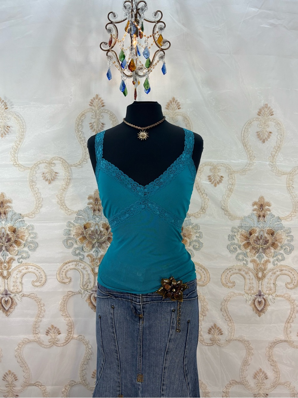 ✨Vintage Y2K Teal Mesh Lace Trim Cami✨ - Picture 3 of 7